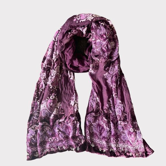 Purple White Print Velour Accent Beaded Rectangle Scarf 8" x 50" - Picture 1 of 5